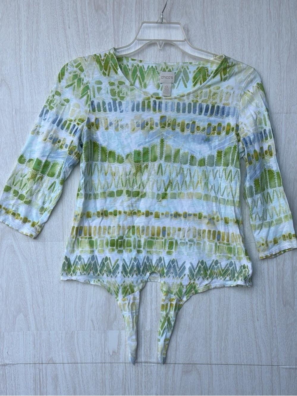 Chico's Green and White Patterned Tie-Front Bodysuit